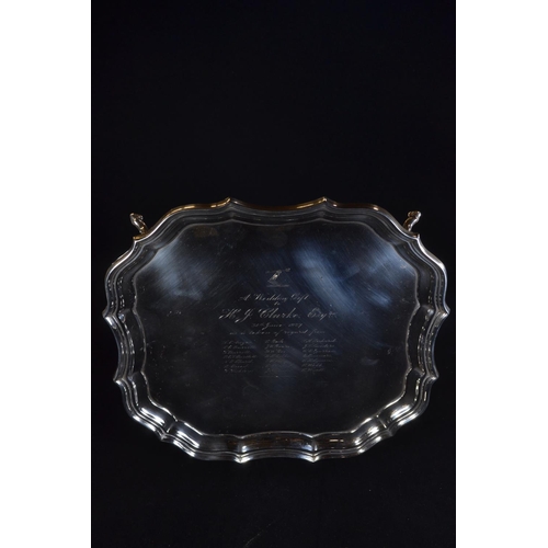 310 - Silver footed salver, Barker Brothers Ltd, Chester 1926, with presentation inscription, 26cm wide, 6... 