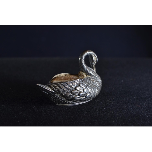 311 - Edwardian silver pin cushion modelled as a swan, Adie & Lovekin Ltd, Birmingham 1906, length 5.5... 