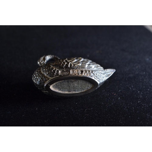 311 - Edwardian silver pin cushion modelled as a swan, Adie & Lovekin Ltd, Birmingham 1906, length 5.5... 