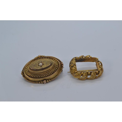 146 - Two yellow metal mourning brooches (testing positive for 18ct gold) including one filigree, gross we... 