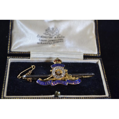 178 - 15ct gold Royal Artillery brooch with enamel and small diamond chips set in platinum, gross weight 6... 