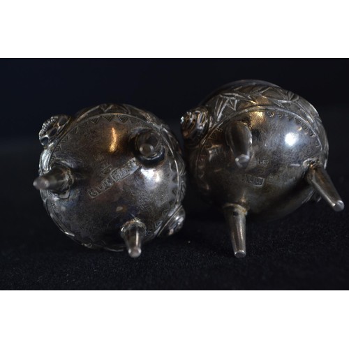 308 - Pair of Chinese export silver salts, in the form of incense burners, with glass liners, indecipherab... 