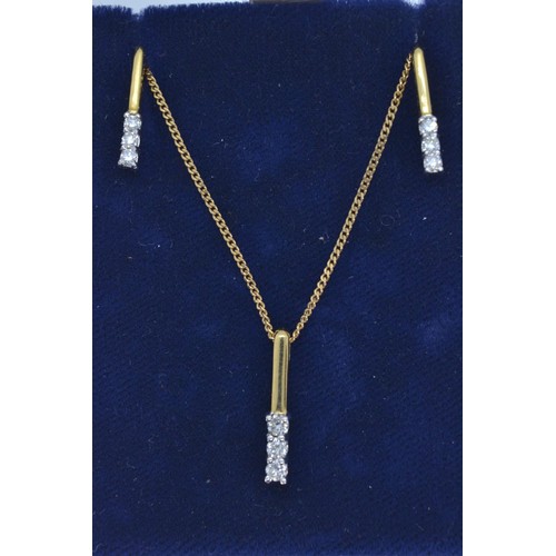 89 - 18ct gold and diamond pendant with chain and earrings set, gross weight 5.77 grams