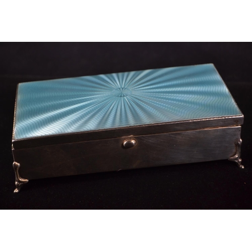 316 - Silver and pale blue guilloche topped cigarette box, Albert Carter, Birmingham 1930, wood lined, 16.... 