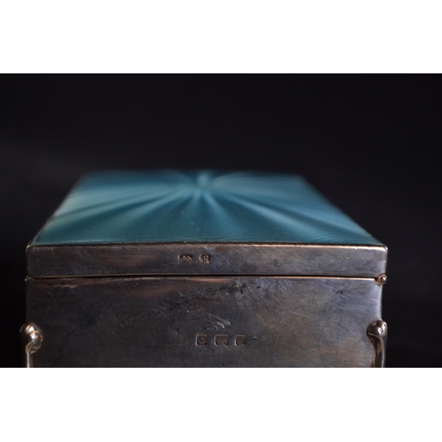 316 - Silver and pale blue guilloche topped cigarette box, Albert Carter, Birmingham 1930, wood lined, 16.... 