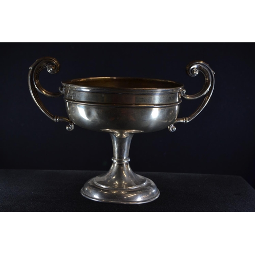 322 - Silver twin-handled pedestal bowl, maker's mark rubbed, Birmingham 1919, height 16cm, width 21.5cm, ... 