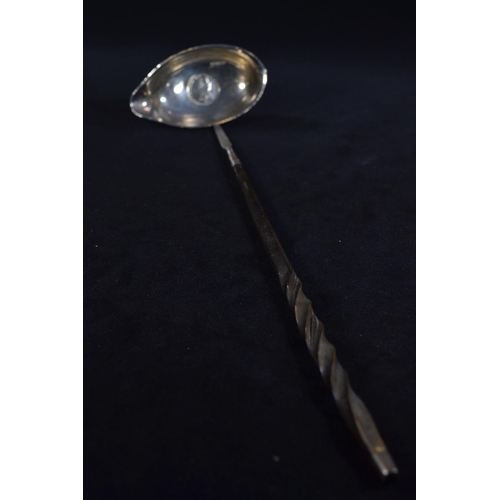 328 - Georgian toddy ladle, the white metal bowl inset with a 1787 George III sixpence, the bowl engraved ... 