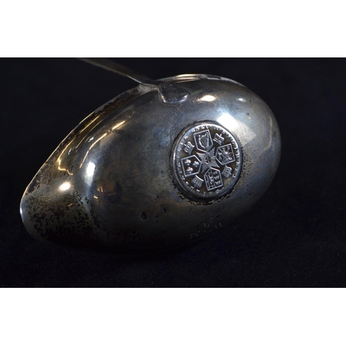 328 - Georgian toddy ladle, the white metal bowl inset with a 1787 George III sixpence, the bowl engraved ... 