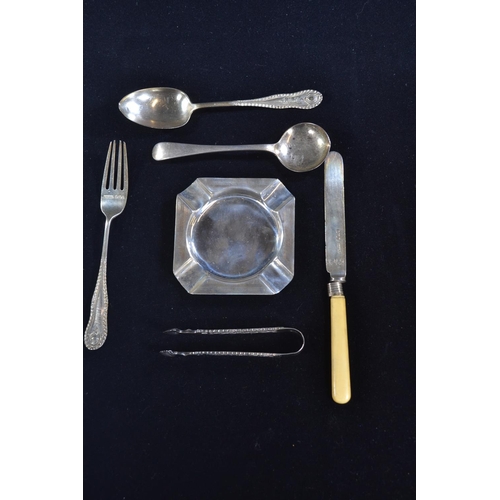 336 - Silver ashtray, D Bros, Birmingham 1921, together variously hallmarked set of child's cutlery (the k... 