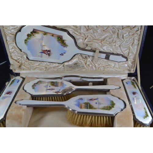 339 - Silver and enamel six piece dressing table set, Henry Matthews, Birmingham 1928, with Venetian scene... 