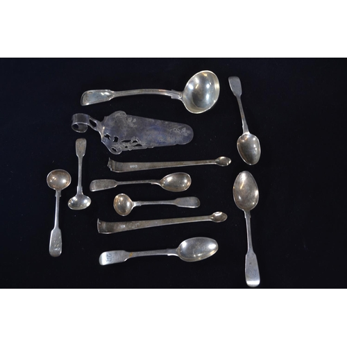 340 - Mixed silver flatware, various maker's and dates, including a Victorian sauce ladle, slice, three te... 