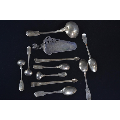 340 - Mixed silver flatware, various maker's and dates, including a Victorian sauce ladle, slice, three te... 