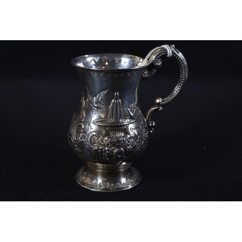 344 - Victorian silver mug, John Kilpatrick, London 1869, embossed decoration of birds by a fountain midst... 