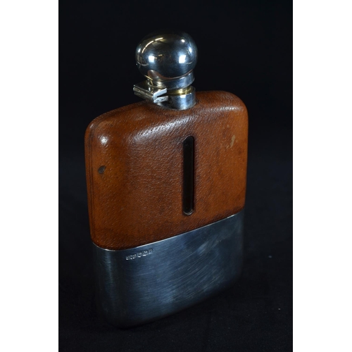 348 - Silver and leather mounted hipflask, James Dixon & Sons Ltd, Sheffield 1941, with removeable cup... 