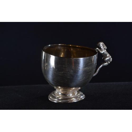 355 - Silver christening cup with rabbit form handle, Sanders & Mackenzie, Birmingham 1929, height 8.5... 