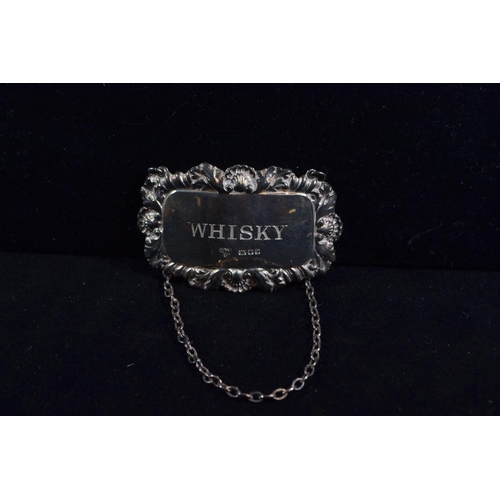 363 - Three silver decanter labels, including 'Whisky' and Sherry' by A Chick & Sons Ltd London 1972 a... 