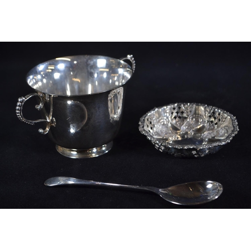 379 - Twin-handled silver porringer and spoon, Barker Ellis Silver Co, Birmingham 1999 and 1997 respective... 