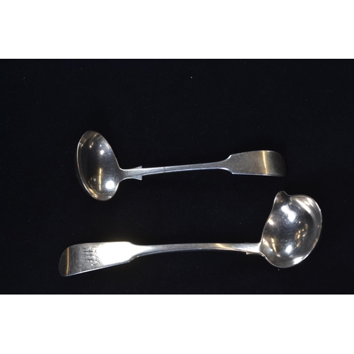 390 - Two silver fiddle pattern sauce ladles, including: George IV Irish sauce ladle with pouring lip... 