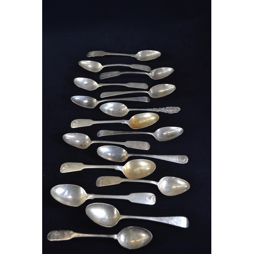 398 - Sixteen silver teaspoons, various makers and dates, including some Irish, gross weight 238 grams