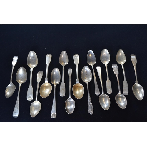 398 - Sixteen silver teaspoons, various makers and dates, including some Irish, gross weight 238 grams