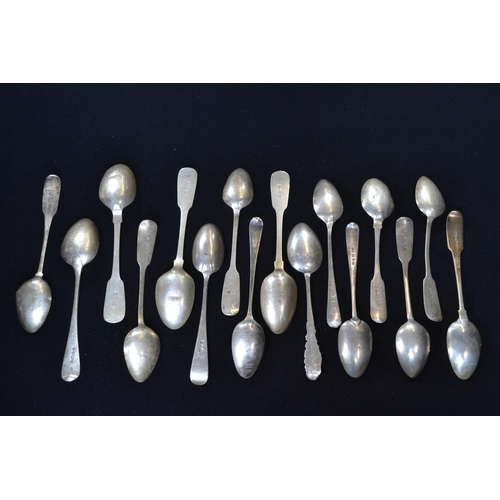 398 - Sixteen silver teaspoons, various makers and dates, including some Irish, gross weight 238 grams