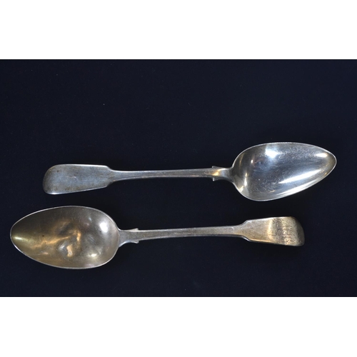 402 - Two silver fiddle pattern serving spoons, makers James Payne and JW respectively, London 1824 and 18... 