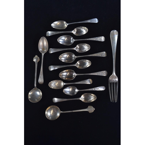 405 - Collection of thirteen silver teaspoons and a silver fork, various maker's and dates, gross weight 3... 