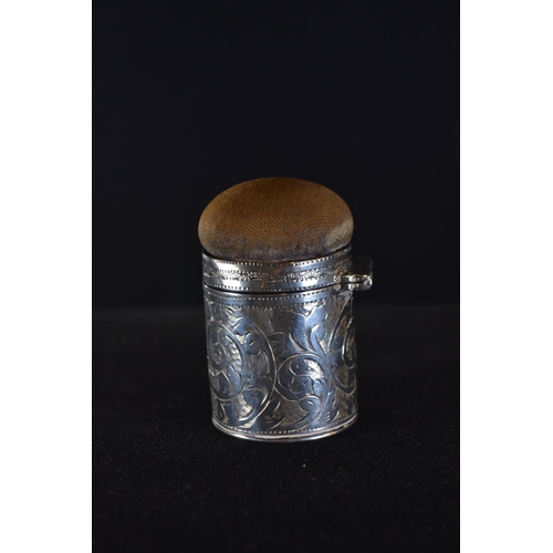 409 - Silver pin cushion box, G E Walton & Co Ltd, Birmingham 1906, height 5.5cm, glass lined, gross w... 