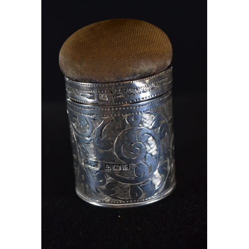 409 - Silver pin cushion box, G E Walton & Co Ltd, Birmingham 1906, height 5.5cm, glass lined, gross w... 