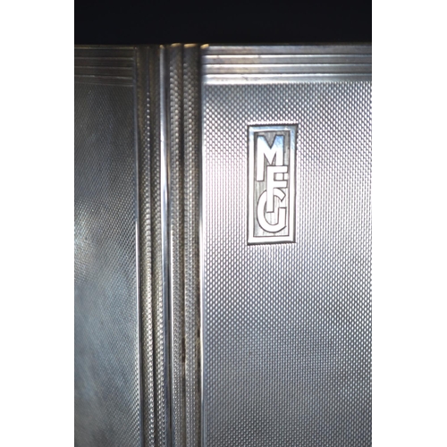 410 - Silver engine-turned cigarette case, Mappin & Webb Ltd, Birmingham 1951, initialled 'MFG', 12.5 ... 