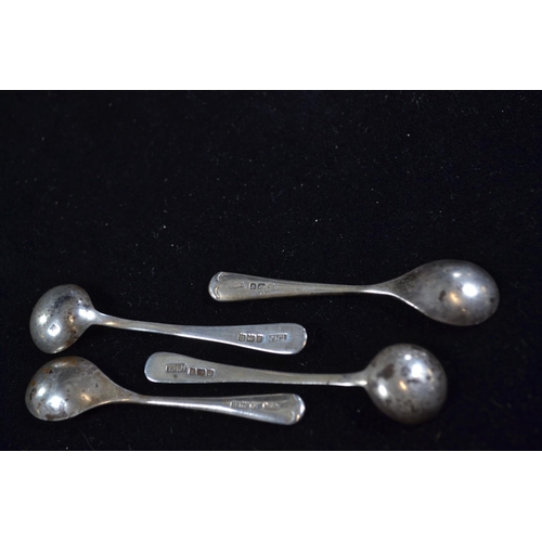 413 - Set of four silver pierced navette-shaped salts, William Aitken, Birmingham 1903, with blue glass li... 