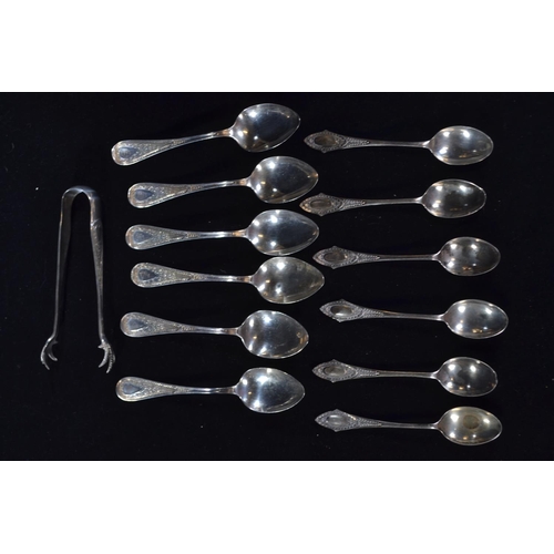 419 - Set of six silver teaspoons and pair of sugar tongs, marked 'Sterling', together with a set of six s... 