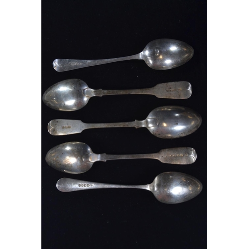 428 - Five silver serving spoons, various makers and dates, initials to terminal, including fiddle an... 