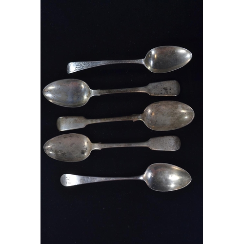 428 - Five silver serving spoons, various makers and dates, initials to terminal, including fiddle an... 