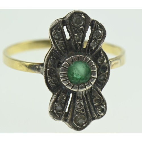 213 - Emerald and diamond Art Deco ring, set in white metal with a yellow metal shank, tests positive for ... 