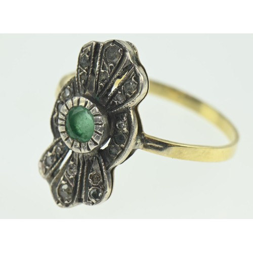 213 - Emerald and diamond Art Deco ring, set in white metal with a yellow metal shank, tests positive for ... 