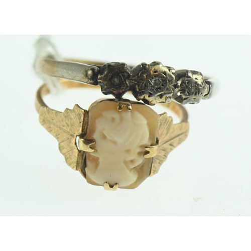 228 - Two 9ct gold rings, including: a three diamond ring, and size R1/2; and a cameo ring, size K1/2, gro... 