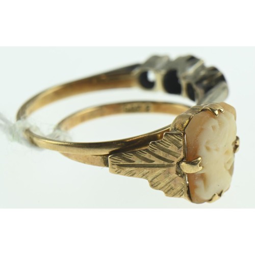 228 - Two 9ct gold rings, including: a three diamond ring, and size R1/2; and a cameo ring, size K1/2, gro... 