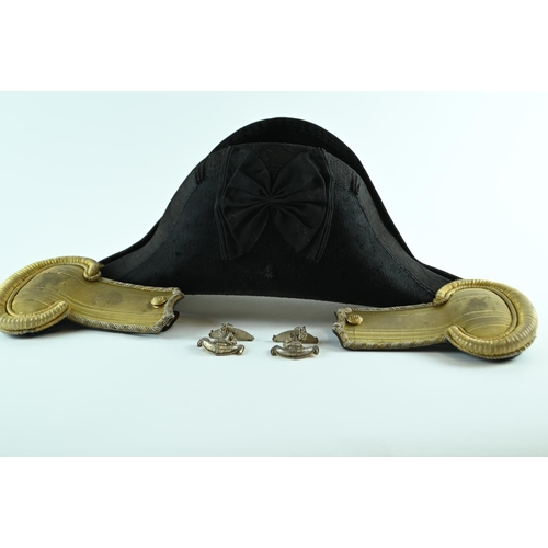 472 - C19th Royal Navy bicorn hat with black bow and gilt wirework decoration, contained in original tin b... 