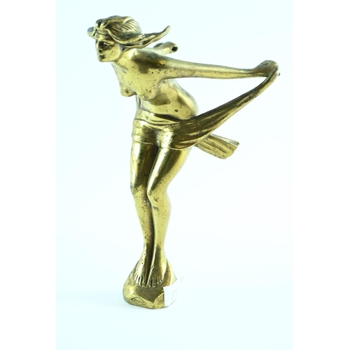 491 - Brass car mascot in the form of a nude leaning into the wind, stamped NLC co. to front base, indisti... 