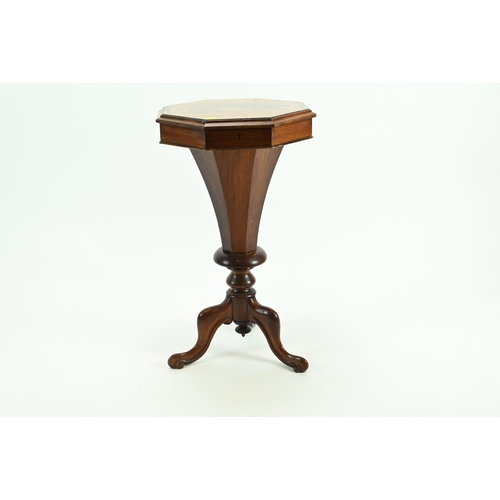 515 - Mahogany 19c trumpet shaped sewing table with inlay to top of flowers in basket.  Top dia.42 H 74 cm