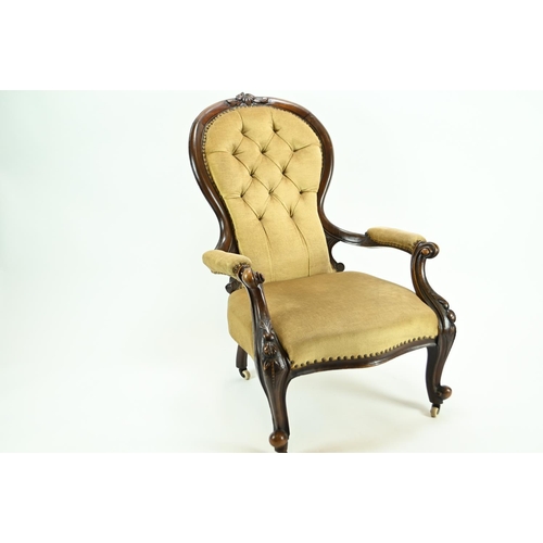 514 - Upholstered button back Victorian bedroom/ nursing chair with original castors. W68 D85 H100 cm appr... 