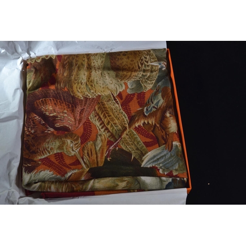 499 - Hermes cashmere and silk blend scarf 65% cashmere 35% silk, 88 x 88cm, illustrated with game and wit... 