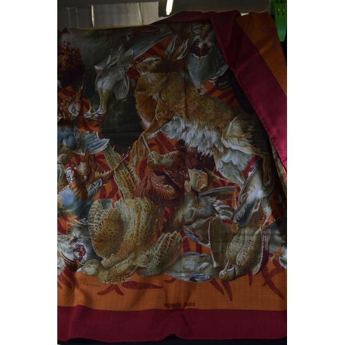 499 - Hermes cashmere and silk blend scarf 65% cashmere 35% silk, 88 x 88cm, illustrated with game and wit... 