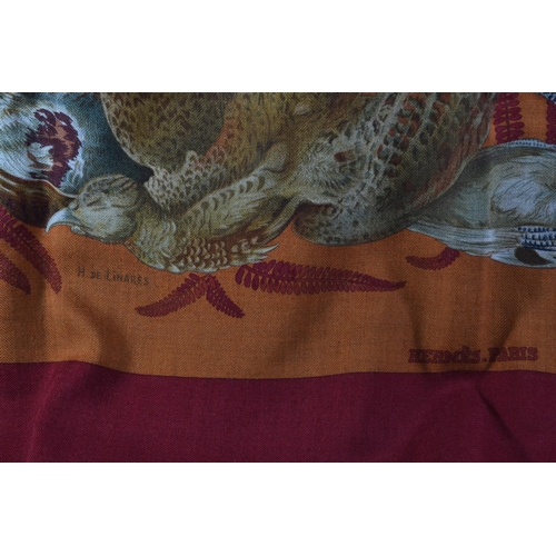 499 - Hermes cashmere and silk blend scarf 65% cashmere 35% silk, 88 x 88cm, illustrated with game and wit... 