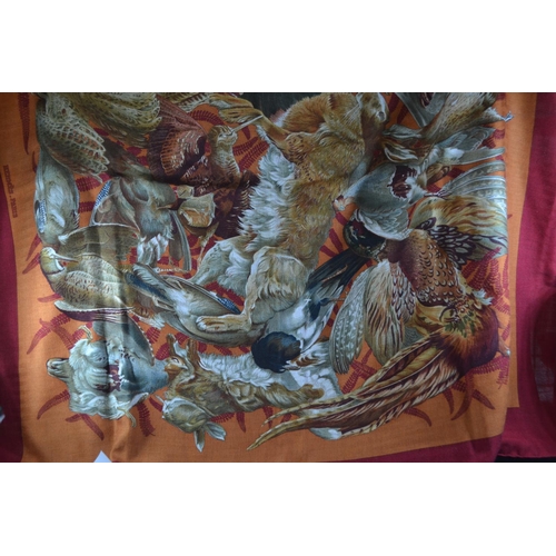 499 - Hermes cashmere and silk blend scarf 65% cashmere 35% silk, 88 x 88cm, illustrated with game and wit... 