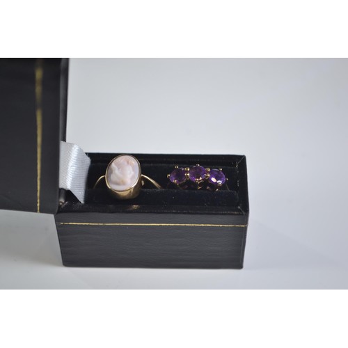 246 - 9ct gold and 3 stone amethyst ring size N/O gross weight 2g. Together with a 9ct gold cameo ring. Si... 