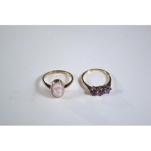 246 - 9ct gold and 3 stone amethyst ring size N/O gross weight 2g. Together with a 9ct gold cameo ring. Si... 