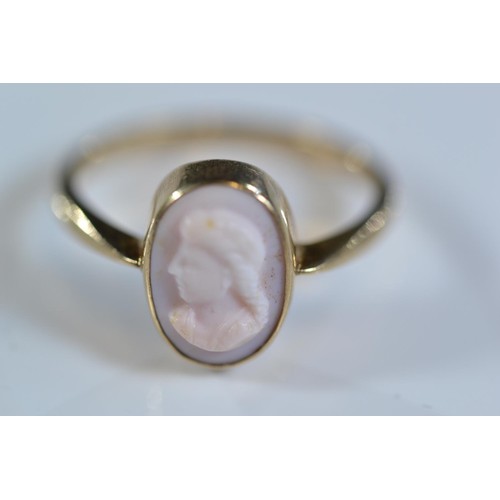 246 - 9ct gold and 3 stone amethyst ring size N/O gross weight 2g. Together with a 9ct gold cameo ring. Si... 