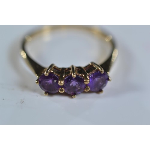 246 - 9ct gold and 3 stone amethyst ring size N/O gross weight 2g. Together with a 9ct gold cameo ring. Si... 